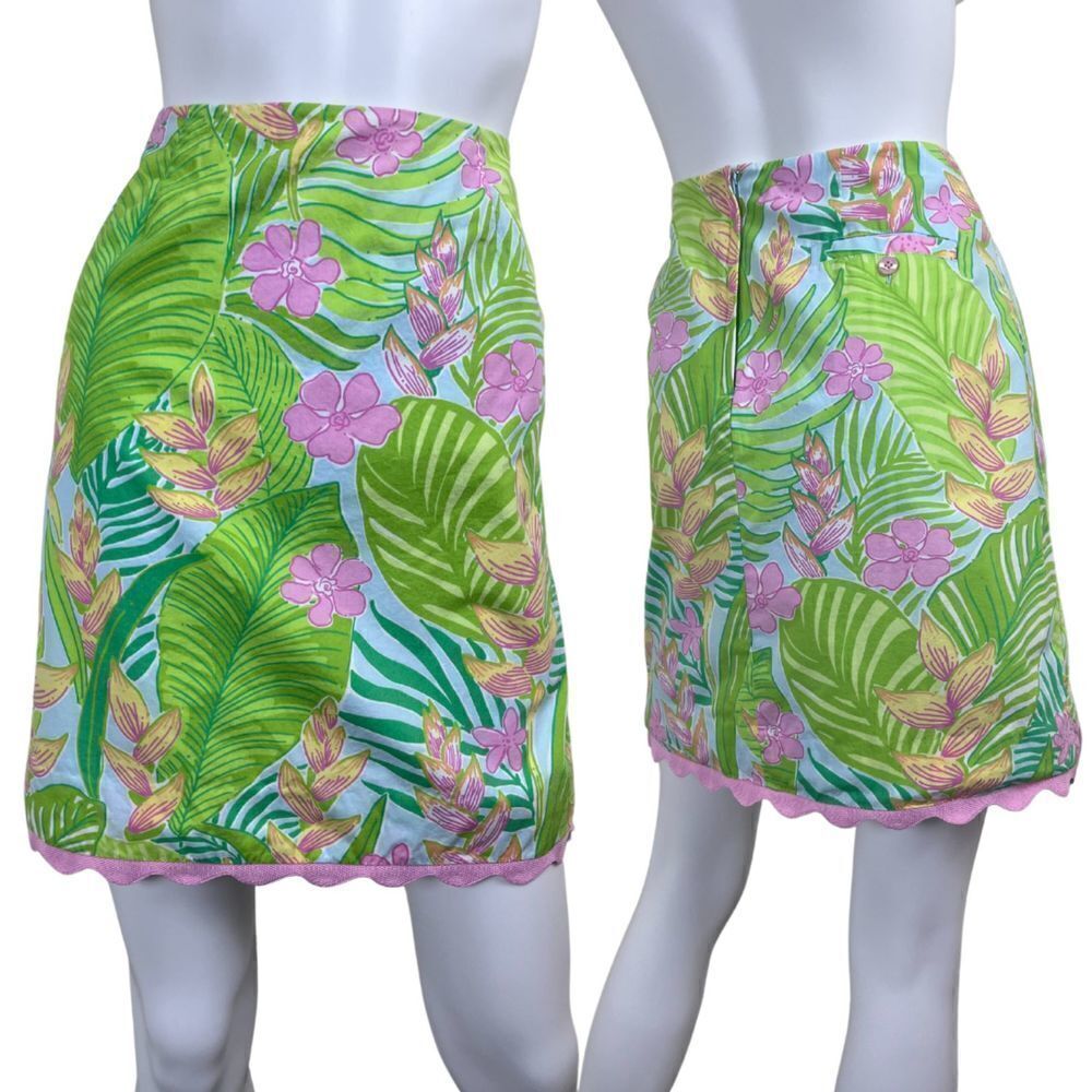 Vintage Lilly Pulitzer Women Size 4 Pink Green Hawaiian Floral Cotton Mini Skirt